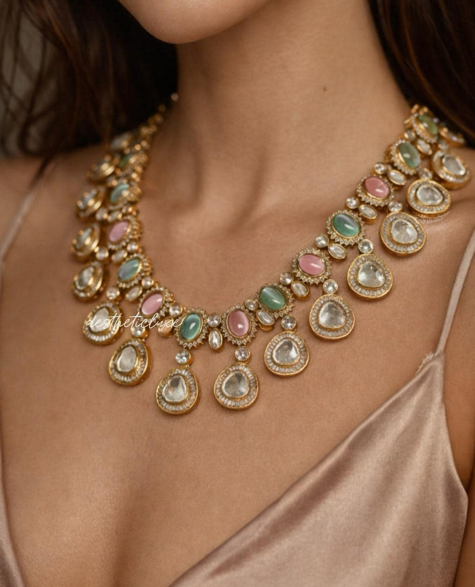 Pink Kundan Necklace Set with Earrings | Gold Plated Polki Bridal Jewelry Set | Pastel Stone Indian Wedding Statement Necklace