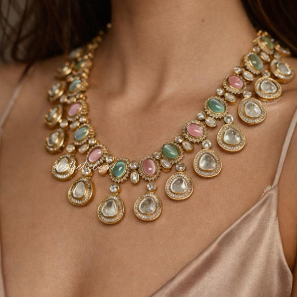 Pink Kundan Necklace Set with Earrings | Gold Plated Polki Bridal Jewelry Set | Pastel Stone Indian Wedding Statement Necklace