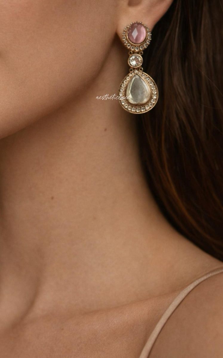 Pink Kundan Necklace Set with Earrings | Gold Plated Polki Bridal Jewelry Set | Pastel Stone Indian Wedding Statement Necklace