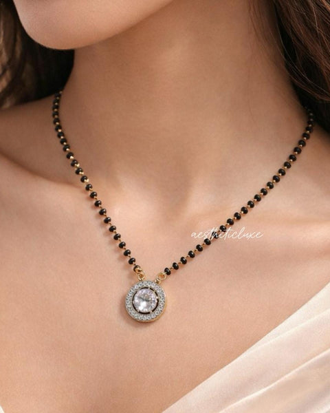 Mangalsutra Zircon Solitaire Necklace Chain Gold Plated | Kiara Advani Inspired | Modern Dainty Black Beads | Wedding Jewelry Gift for Wife