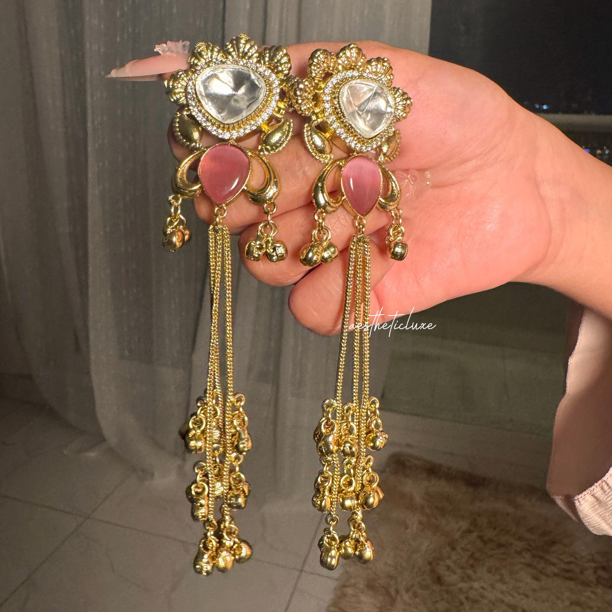 Kashmiri Polki Earrings | Traditional Indian Gold-Tone Kundan Earrings with Pink Stone & Ghungroo Tassel Drops | Bridal Statement Jewelry