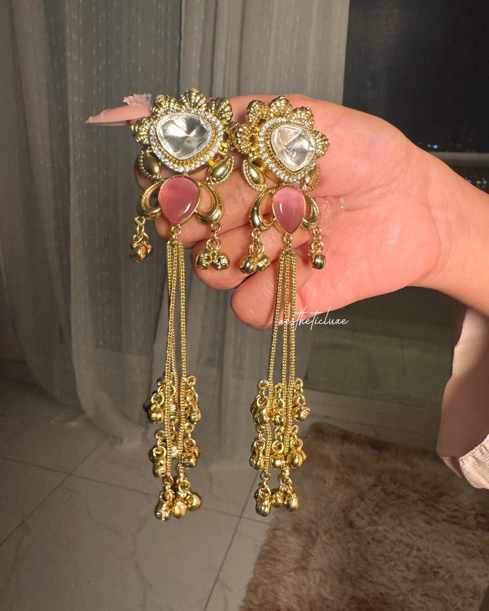 Kashmiri Polki Earrings | Traditional Indian Gold-Tone Kundan Earrings with Pink Stone & Ghungroo Tassel Drops | Bridal Statement Jewelry