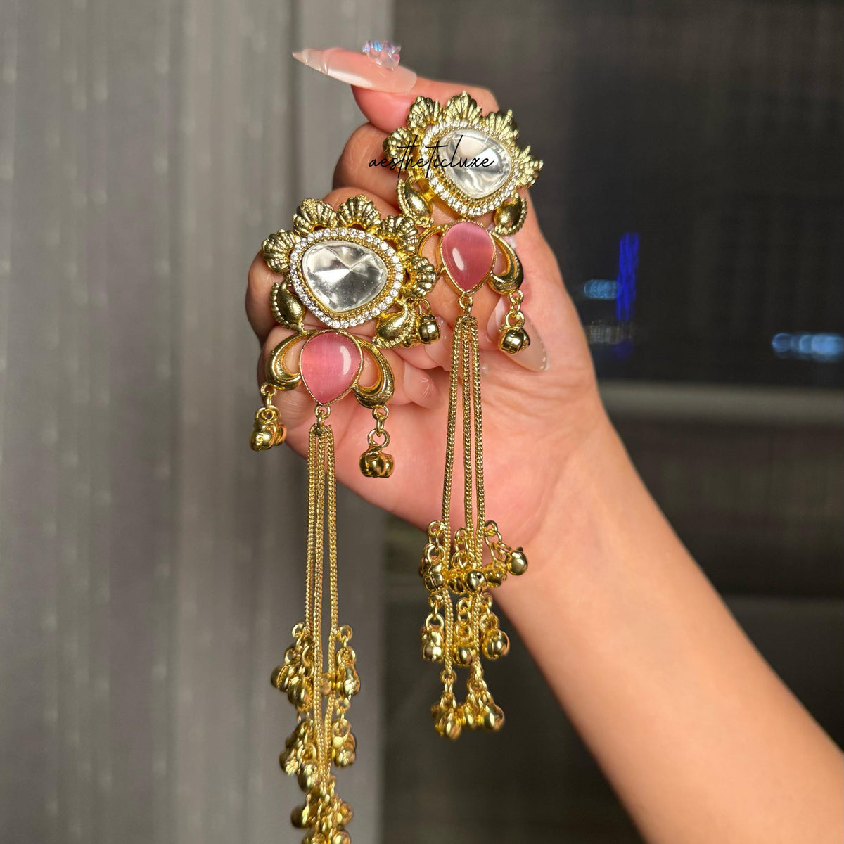 Kashmiri Polki Earrings | Traditional Indian Gold-Tone Kundan Earrings with Pink Stone & Ghungroo Tassel Drops | Bridal Statement Jewelry