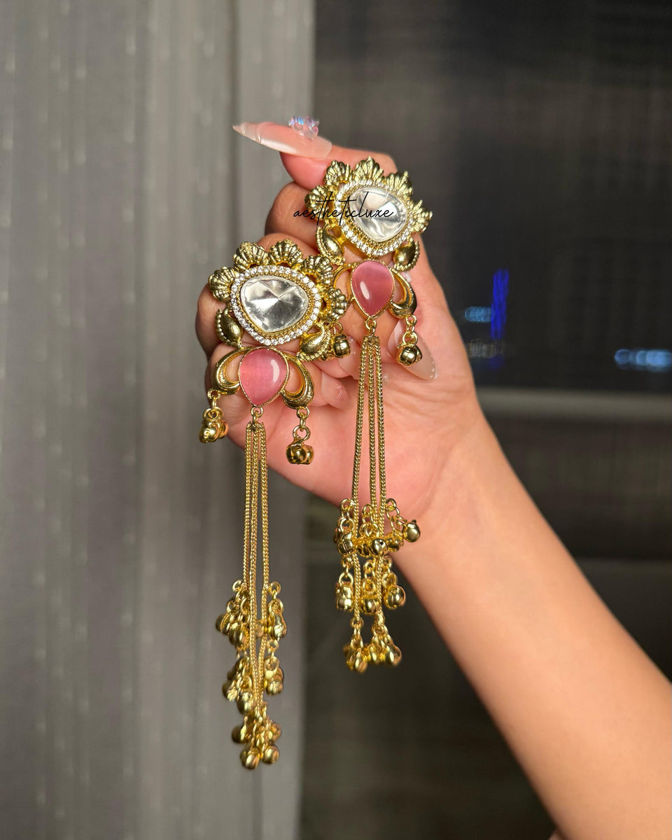 Kashmiri Polki Earrings | Traditional Indian Gold-Tone Kundan Earrings with Pink Stone & Ghungroo Tassel Drops | Bridal Statement Jewelry