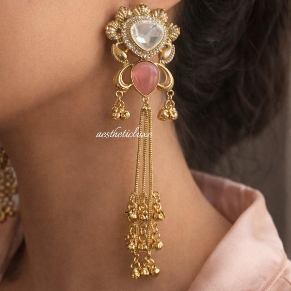 Kashmiri Polki Earrings | Traditional Indian Gold-Tone Kundan Earrings with Pink Stone & Ghungroo Tassel Drops | Bridal Statement Jewelry