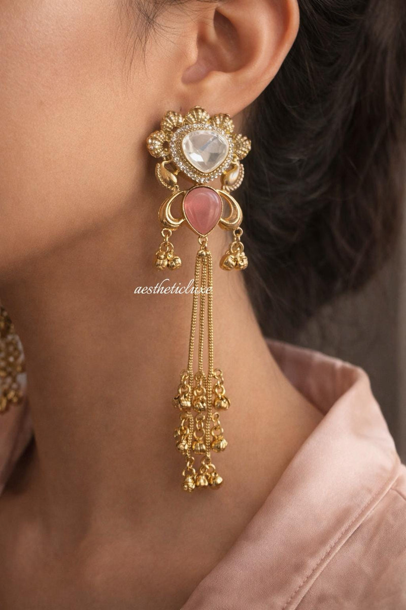 Kashmiri Polki Earrings | Traditional Indian Gold-Tone Kundan Earrings with Pink Stone & Ghungroo Tassel Drops | Bridal Statement Jewelry