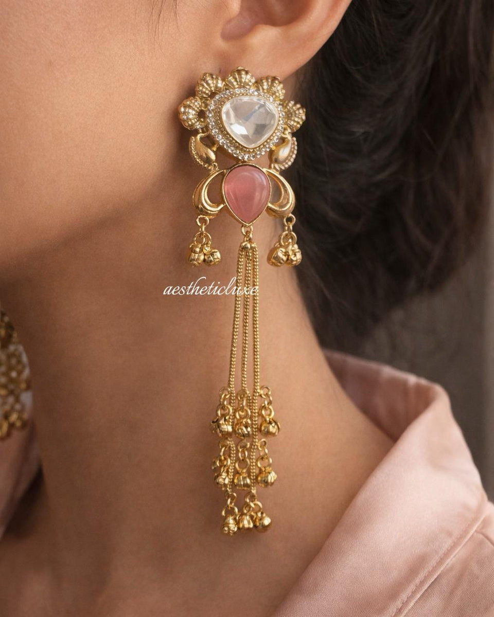 Kashmiri Polki Earrings | Traditional Indian Gold-Tone Kundan Earrings with Pink Stone & Ghungroo Tassel Drops | Bridal Statement Jewelry