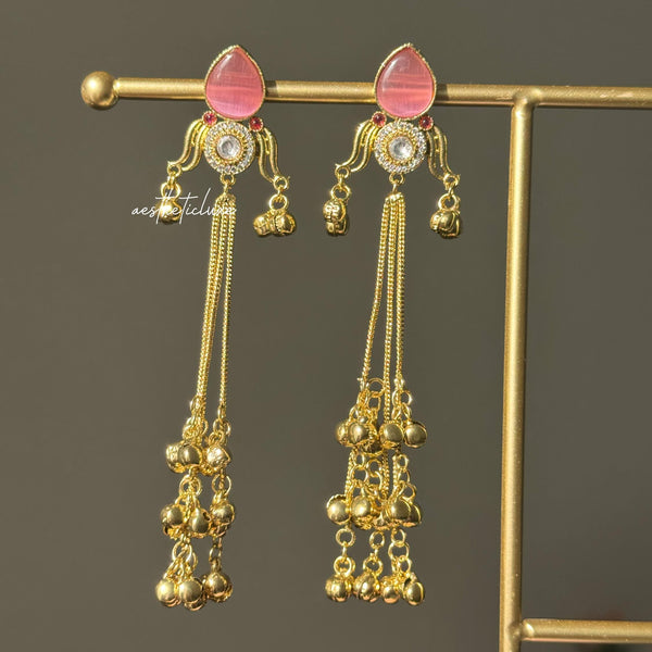 Kashmiri Earrings | Traditional Indian Gold-Tone Kundan Polki Earrings with Pink Glass Stone & Ghungroo Drops | Bridal Statement Jewelry