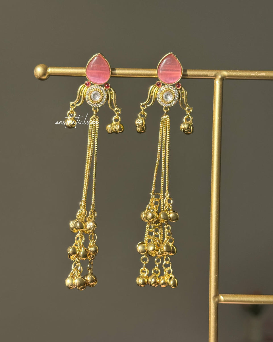 Kashmiri Earrings | Traditional Indian Gold-Tone Kundan Polki Earrings with Pink Glass Stone & Ghungroo Drops | Bridal Statement Jewelry