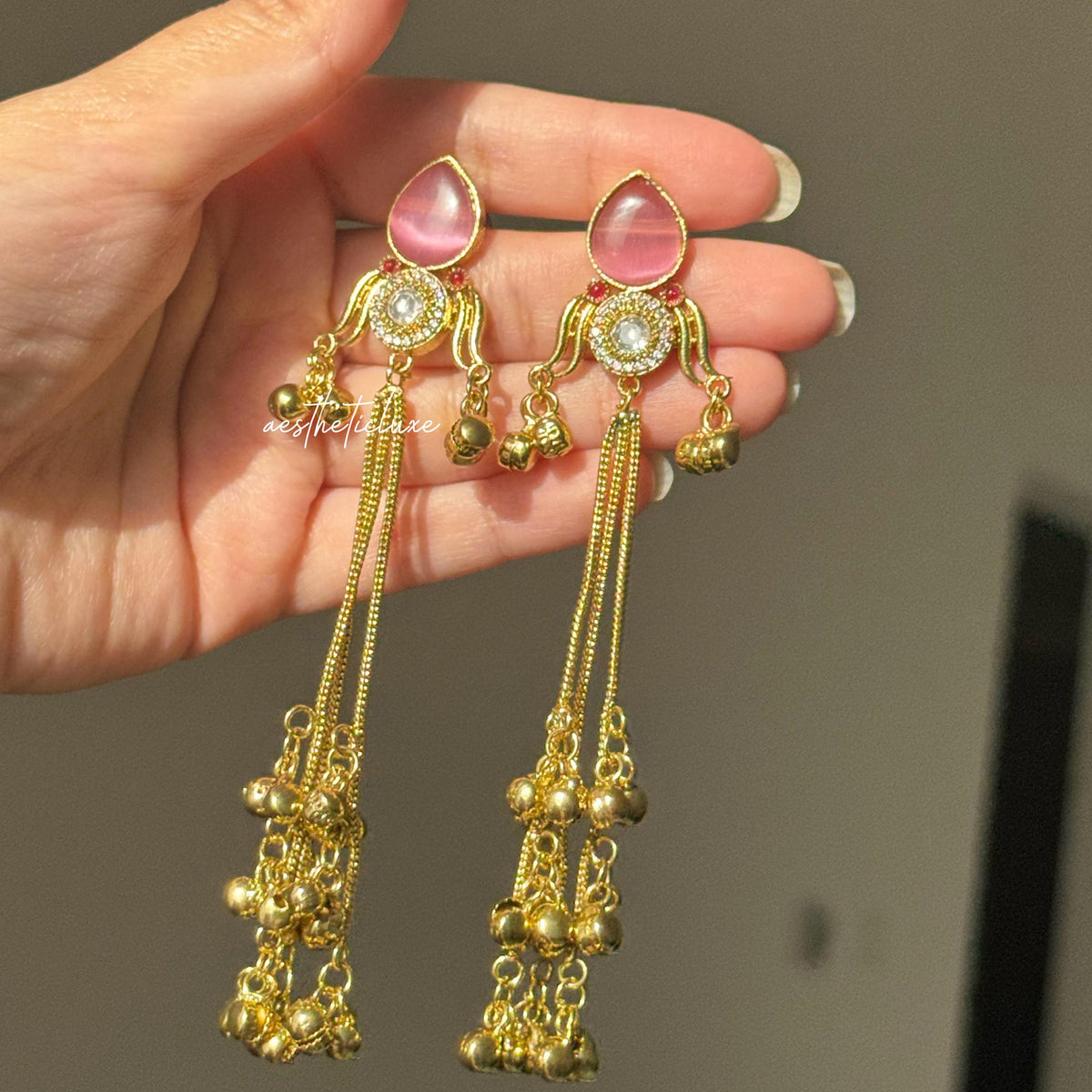 Kashmiri Earrings | Traditional Indian Gold-Tone Kundan Polki Earrings with Pink Glass Stone & Ghungroo Drops | Bridal Statement Jewelry