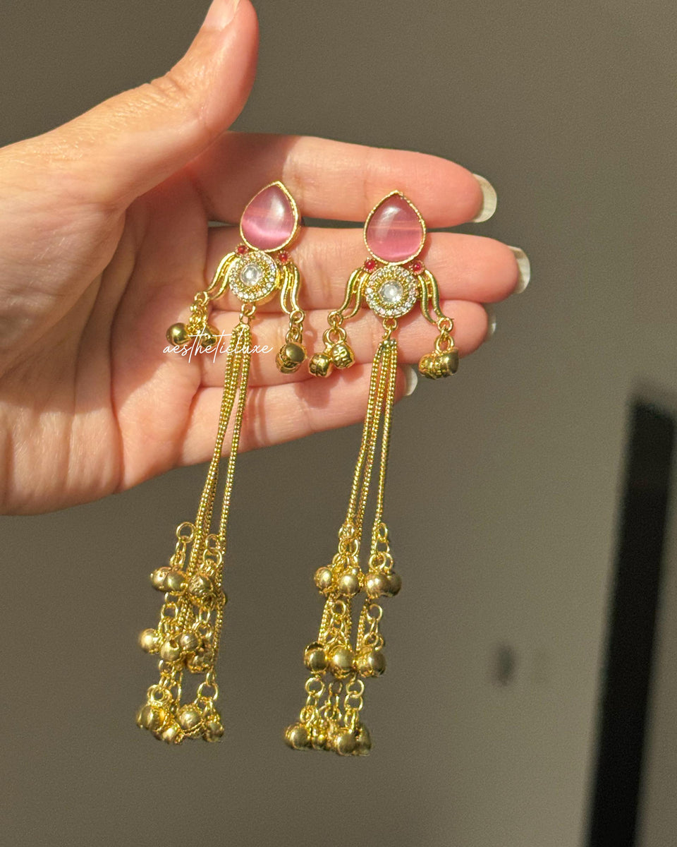 Kashmiri Earrings | Traditional Indian Gold-Tone Kundan Polki Earrings with Pink Glass Stone & Ghungroo Drops | Bridal Statement Jewelry