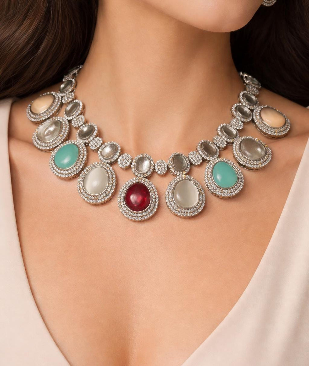 Multicolor Kundan Polki Statement Necklace | Silver Tone CZ Stone Necklace | Bridal & Festive Jewelry Set