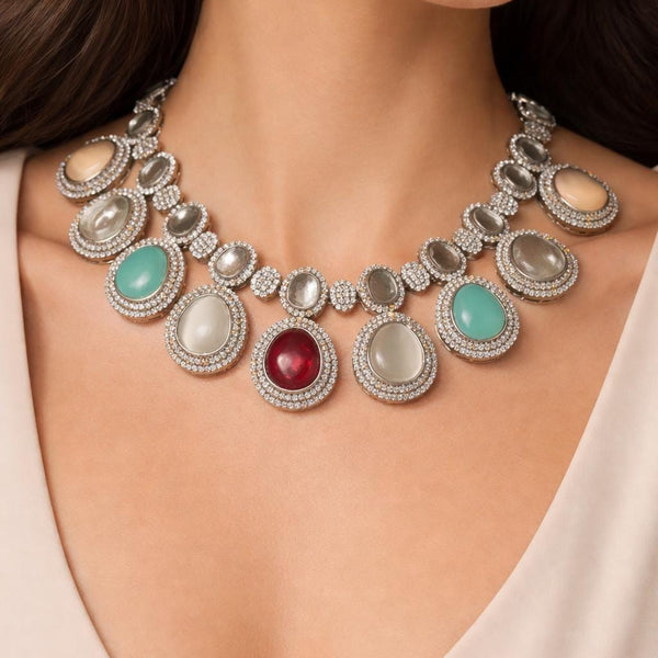 Multicolor Kundan Polki Statement Necklace | Silver Tone CZ Stone Necklace | Bridal & Festive Jewelry Set