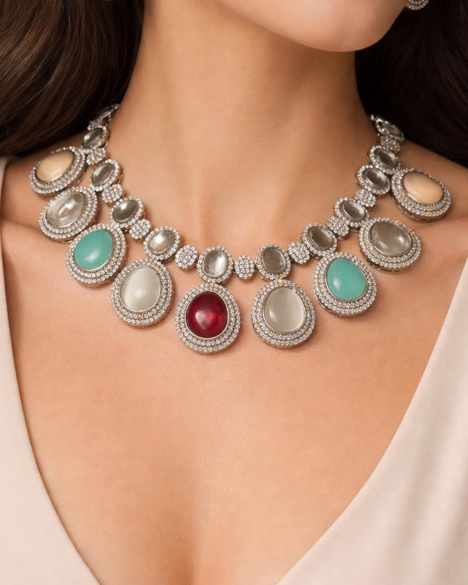 Multicolor Kundan Polki Statement Necklace | Silver Tone CZ Stone Necklace | Bridal & Festive Jewelry Set