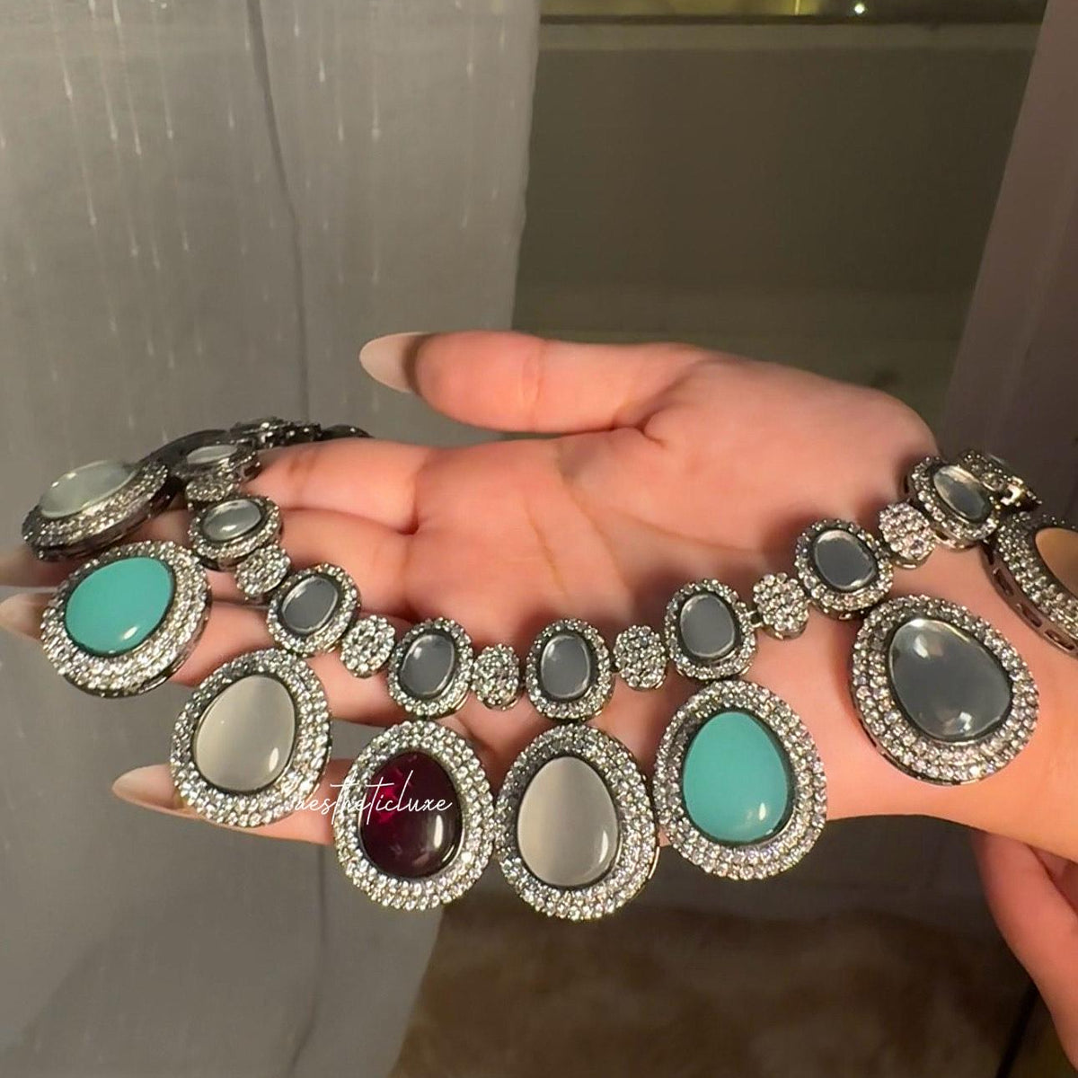 Multicolor Kundan Polki Statement Necklace | Silver Tone CZ Stone Necklace | Bridal & Festive Jewelry Set