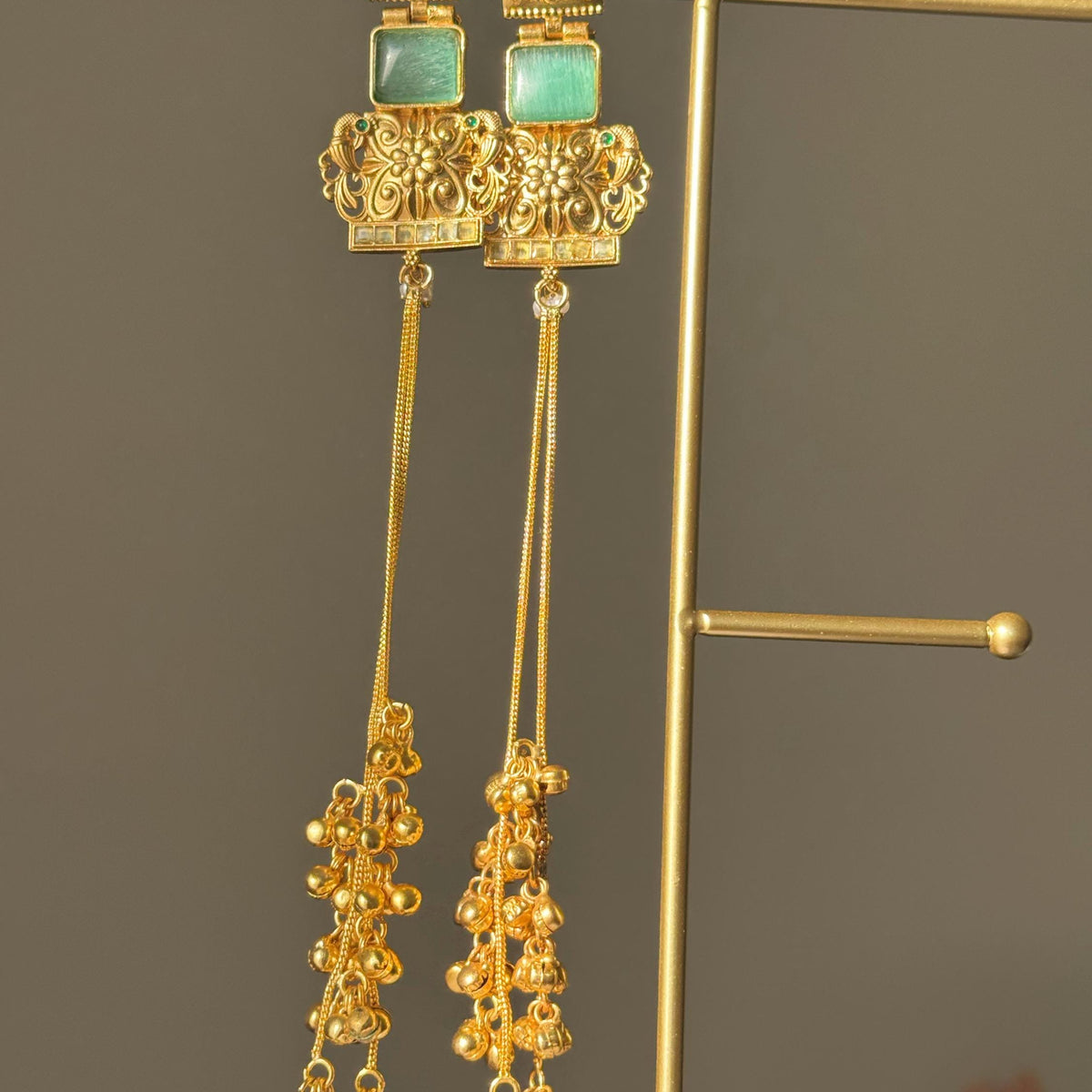 Kashmiri Kundan Polki Earrings with Green Stone & Ghungroo Drops | Gold-Tone Traditional Indian Bridal Statement Earrings