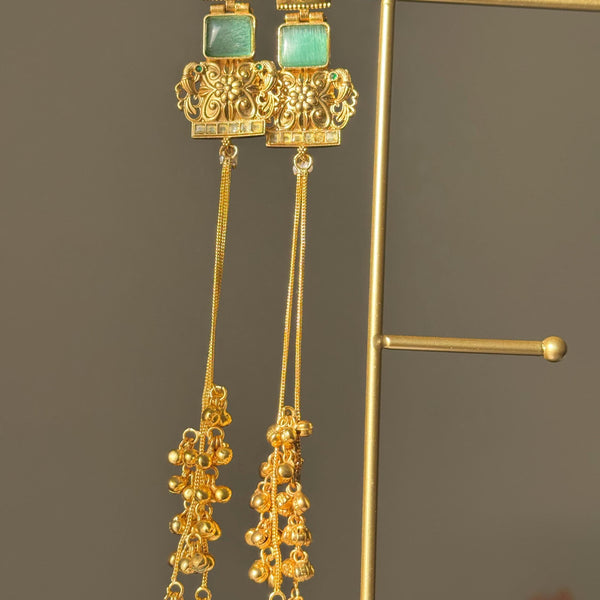 Kashmiri Kundan Polki Earrings with Green Stone & Ghungroo Drops | Gold-Tone Traditional Indian Bridal Statement Earrings