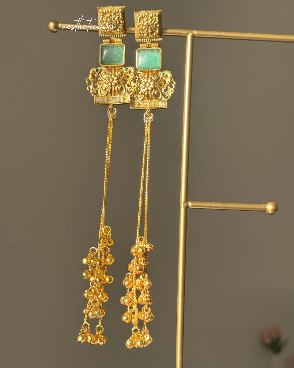 Kashmiri Kundan Polki Earrings with Green Stone & Ghungroo Drops | Gold-Tone Traditional Indian Bridal Statement Earrings