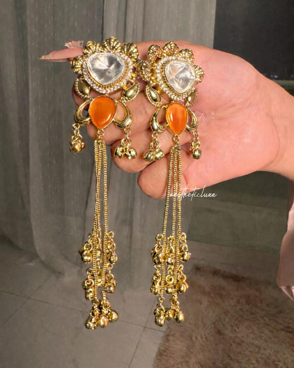Kashmiri Yellow Canary Earrings | Gold-Tone Kundan Indian Bridal Polki Jewelry