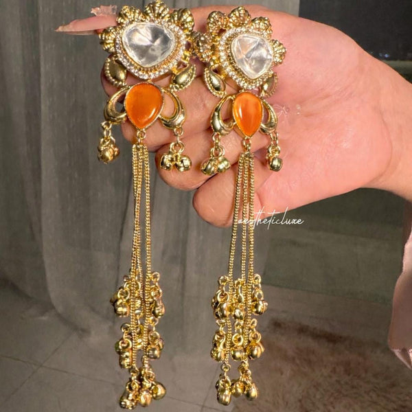 Kashmiri Yellow Canary Earrings | Gold-Tone Kundan Indian Bridal Polki Jewelry