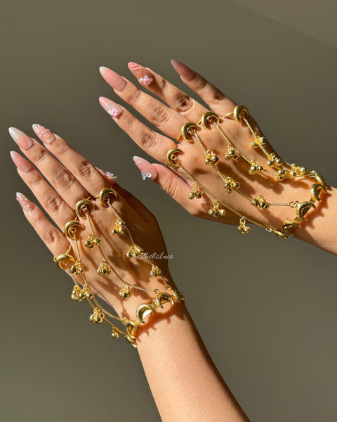 Chand Haathphool | Gold Plated Ghungroo Panja Link Bracelet with Rings | Bridal Moon Hathphool Pair