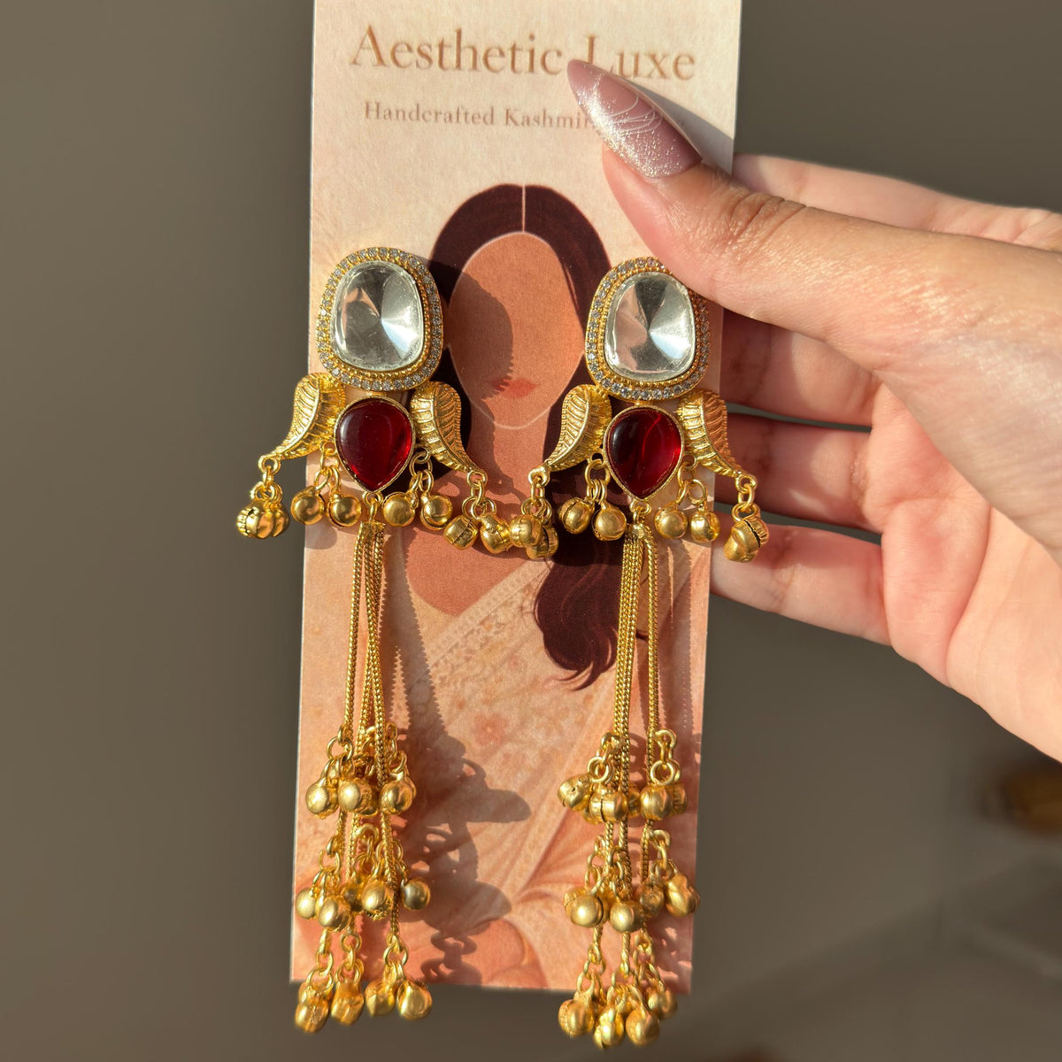 Kashmiri Red Ruby Earrings | Gold-Tone Kundan Indian Bridal Polki Jewelry