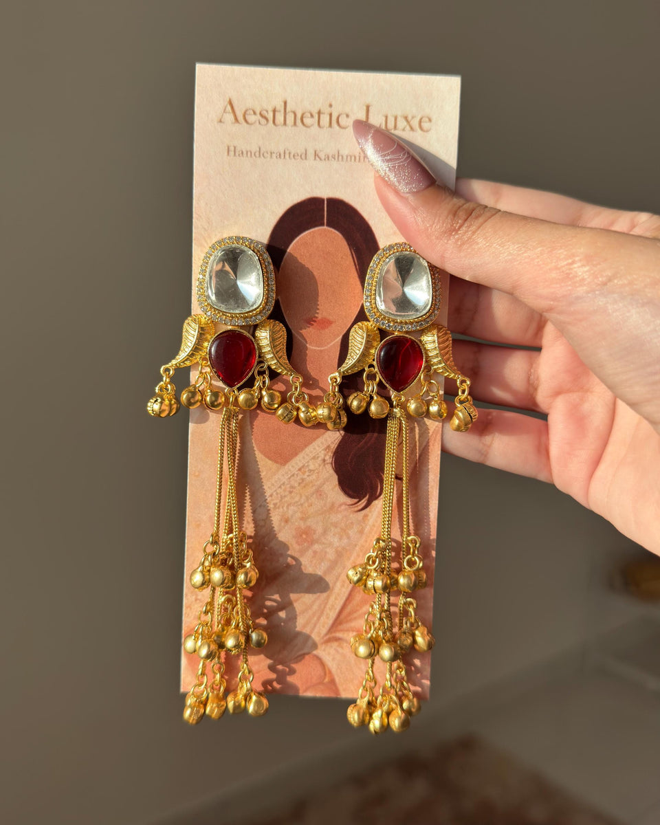 Kashmiri Red Ruby Earrings | Gold-Tone Kundan Indian Bridal Polki Jewelry