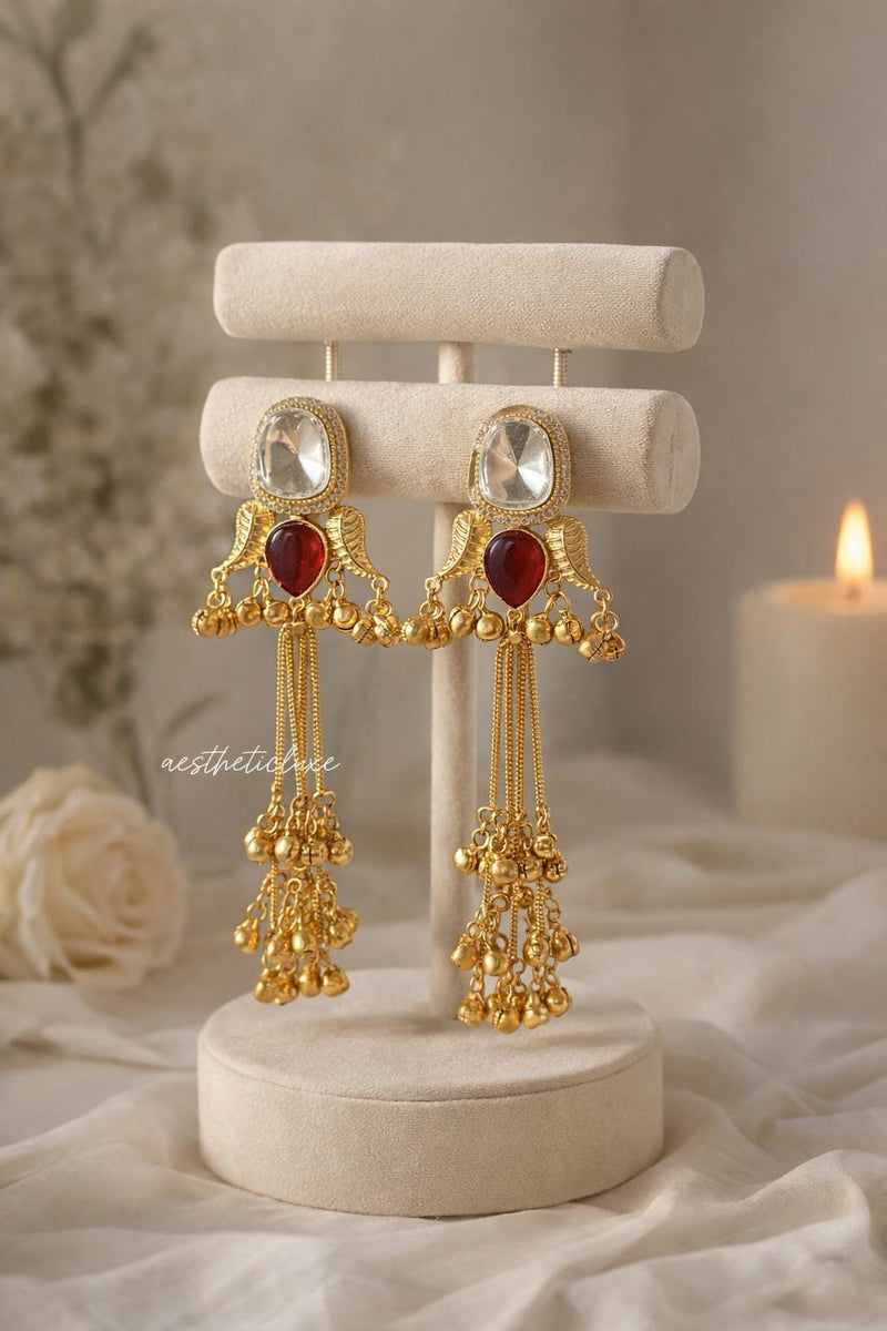 Kashmiri Red Ruby Earrings | Gold-Tone Kundan Indian Bridal Polki Jewelry