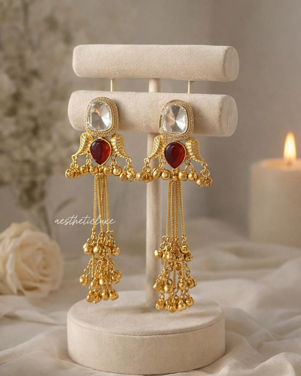 Kashmiri Red Ruby Earrings | Gold-Tone Kundan Indian Bridal Polki Jewelry