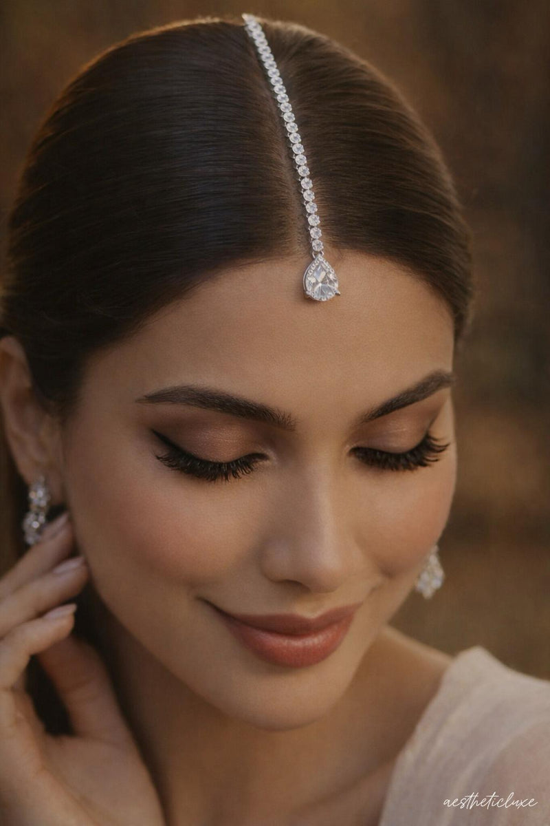 Silver Plated CZ Drop Maang Tikka | White Zircon Indian Bridal Forehead Jewelry | Minimal Silver Maang Tikka | Traditional Kundan Tikka