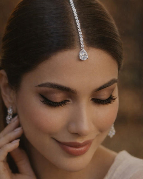 Silver Plated CZ Drop Maang Tikka | White Zircon Indian Bridal Forehead Jewelry | Minimal Silver Maang Tikka | Traditional Kundan Tikka