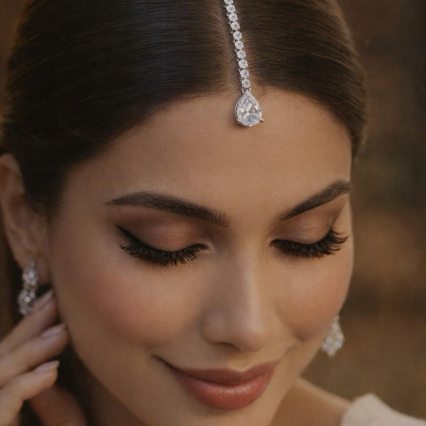 Silver Plated CZ Drop Maang Tikka | White Zircon Indian Bridal Forehead Jewelry | Minimal Silver Maang Tikka | Traditional Kundan Tikka