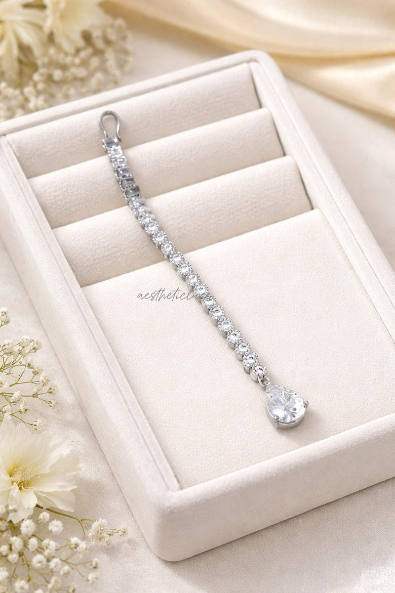 Silver Plated CZ Drop Maang Tikka | White Zircon Indian Bridal Forehead Jewelry | Minimal Silver Maang Tikka | Traditional Kundan Tikka