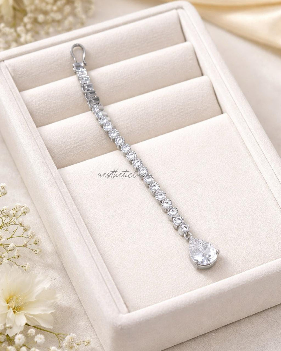 Silver Plated CZ Drop Maang Tikka | White Zircon Indian Bridal Forehead Jewelry | Minimal Silver Maang Tikka | Traditional Kundan Tikka