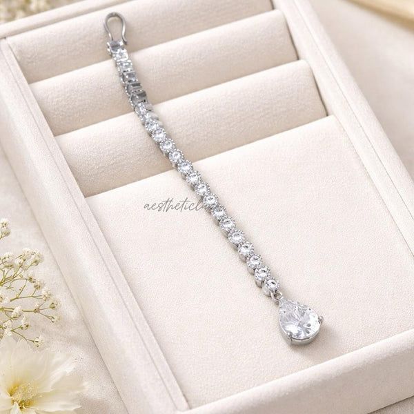 Silver Plated CZ Drop Maang Tikka | White Zircon Indian Bridal Forehead Jewelry | Minimal Silver Maang Tikka | Traditional Kundan Tikka