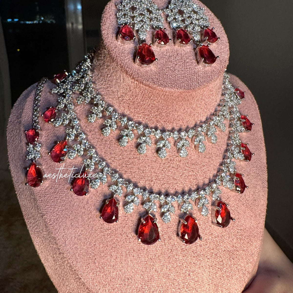 Tara Sutaria Inspired Ruby American Diamond Double Layer Necklace Set with Earrings and Tikka | CZ AD Red Bridal Wedding Engagement Jewelry