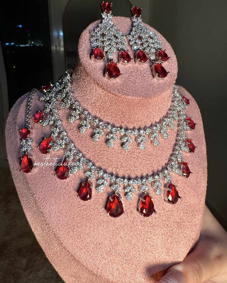 Tara Sutaria Inspired Ruby American Diamond Double Layer Necklace Set with Earrings and Tikka | CZ AD Red Bridal Wedding Engagement Jewelry