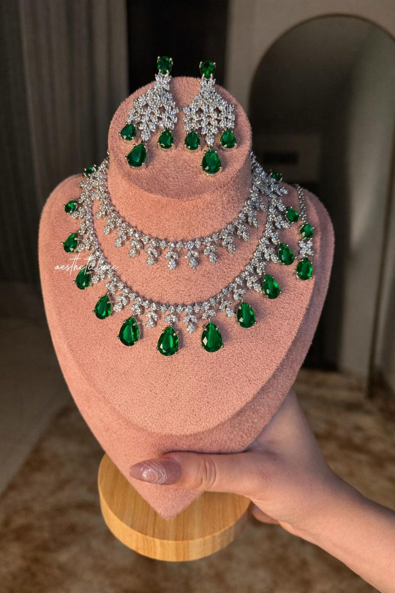 Tara Sutaria Inspired Emerald American Diamond 2 Layer Necklace Set with Earrings and Tikka | CZ AD Green Bridal Wedding Engagement Jewelry