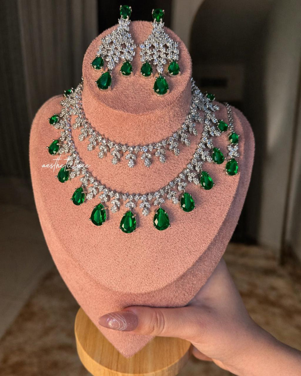Tara Sutaria Inspired Emerald American Diamond 2 Layer Necklace Set with Earrings and Tikka | CZ AD Green Bridal Wedding Engagement Jewelry