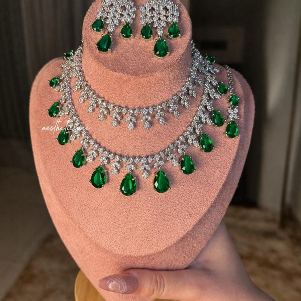 Tara Sutaria Inspired Emerald American Diamond 2 Layer Necklace Set with Earrings and Tikka | CZ AD Green Bridal Wedding Engagement Jewelry