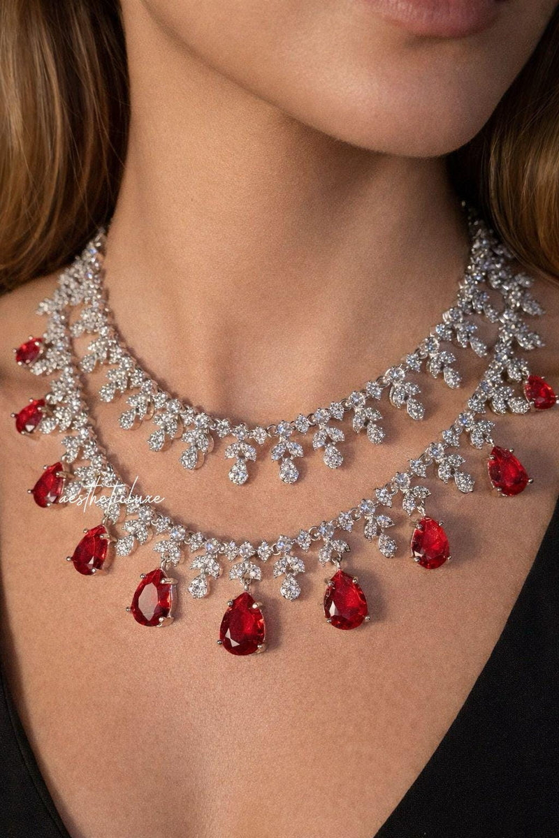 Tara Sutaria Inspired Ruby American Diamond Double Layer Necklace Set with Earrings and Tikka | CZ AD Red Bridal Wedding Engagement Jewelry