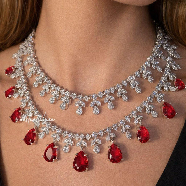 Tara Sutaria Inspired Ruby American Diamond Double Layer Necklace Set with Earrings and Tikka | CZ AD Red Bridal Wedding Engagement Jewelry