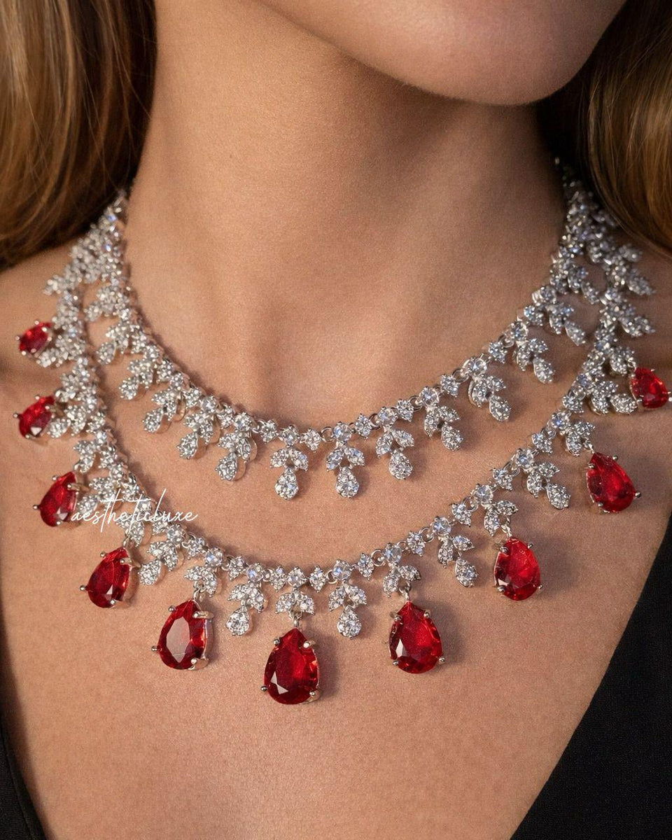 Tara Sutaria Inspired Ruby American Diamond Double Layer Necklace Set with Earrings and Tikka | CZ AD Red Bridal Wedding Engagement Jewelry