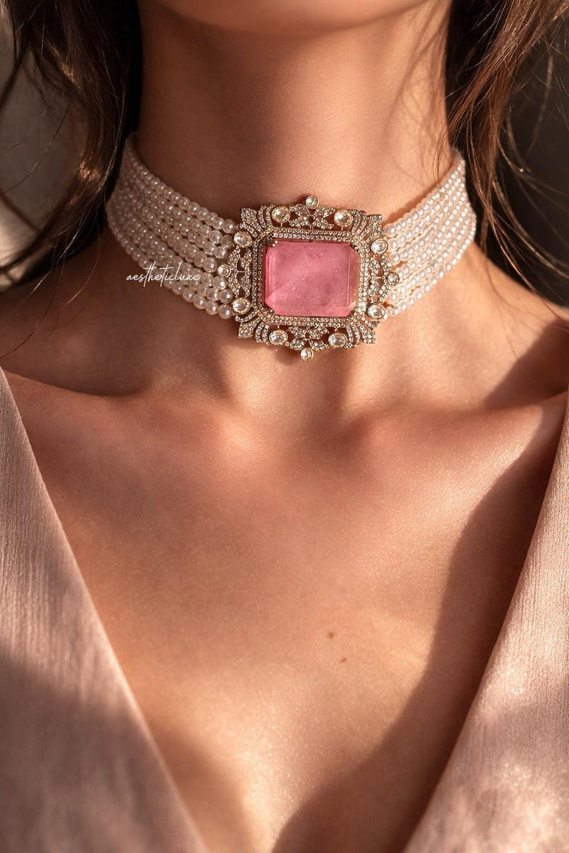 Tyaani Style Pink Doublet Stone Pearl Choker Set | Gold Plated Polki CZ Bridal Necklace with Earrings | Luxury Wedding Statement Jewelry