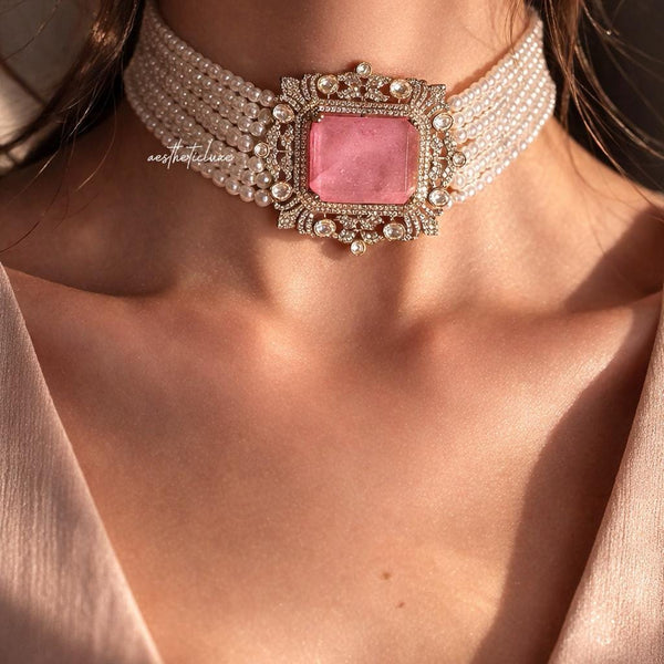 Tyaani Style Pink Doublet Stone Pearl Choker Set | Gold Plated Polki CZ Bridal Necklace with Earrings | Luxury Wedding Statement Jewelry