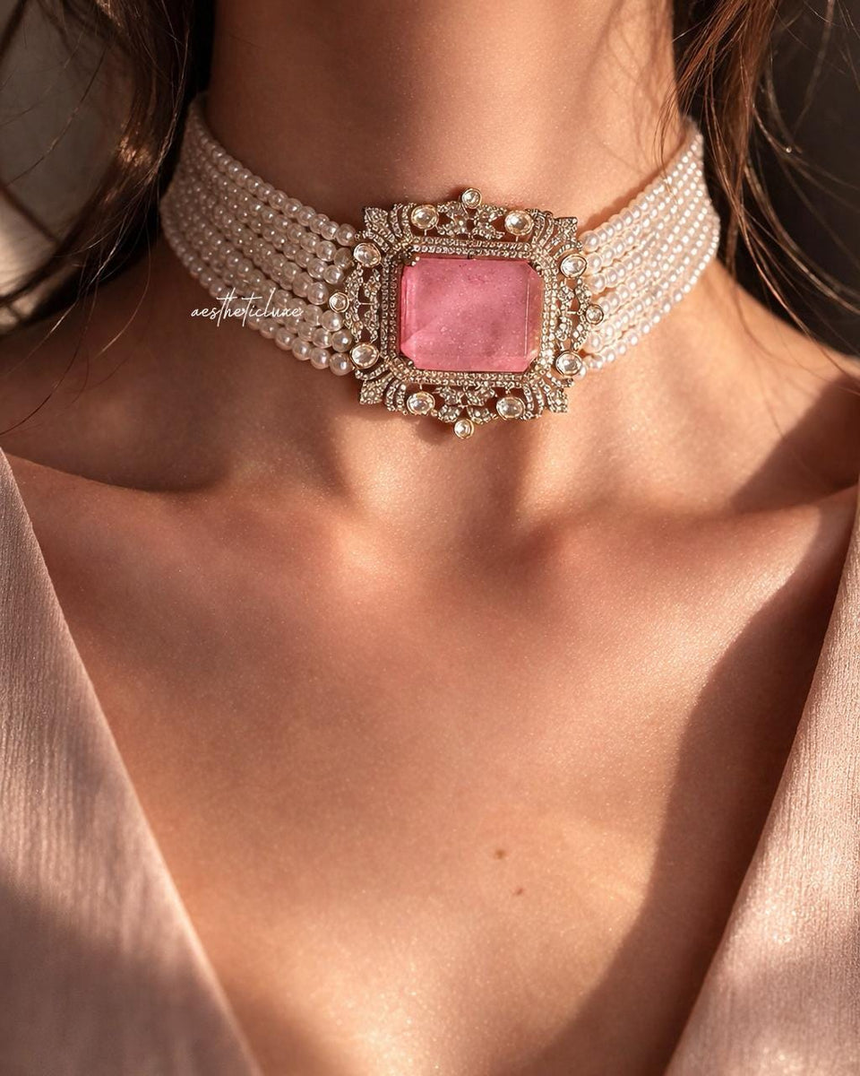 Tyaani Style Pink Doublet Stone Pearl Choker Set | Gold Plated Polki CZ Bridal Necklace with Earrings | Luxury Wedding Statement Jewelry