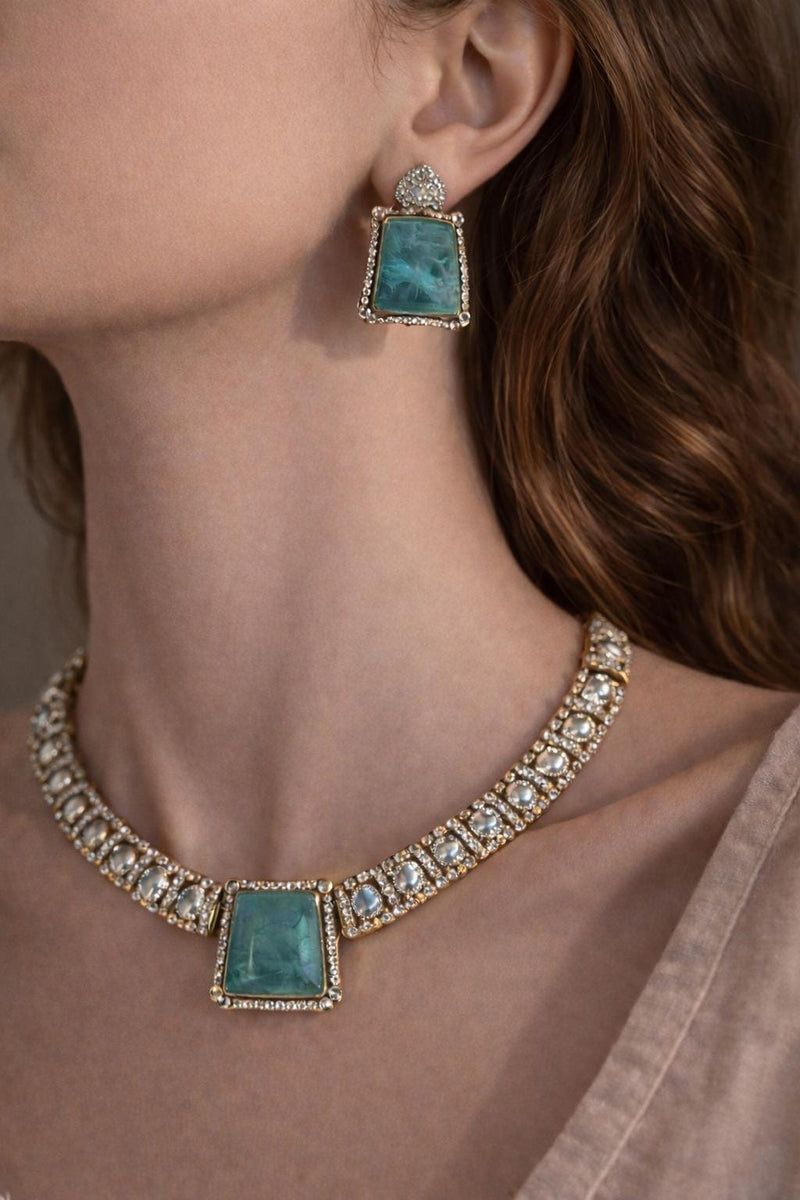 Tyaani Inspired Green Bridal CZ Necklace Set | Emerald Doublet Stone Polki Kundan Gold Plated Wedding Jewelry for Reception & Engagement