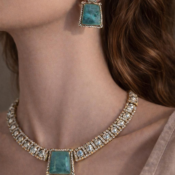 Tyaani Inspired Green Bridal CZ Necklace Set | Emerald Doublet Stone Polki Kundan Gold Plated Wedding Jewelry for Reception & Engagement