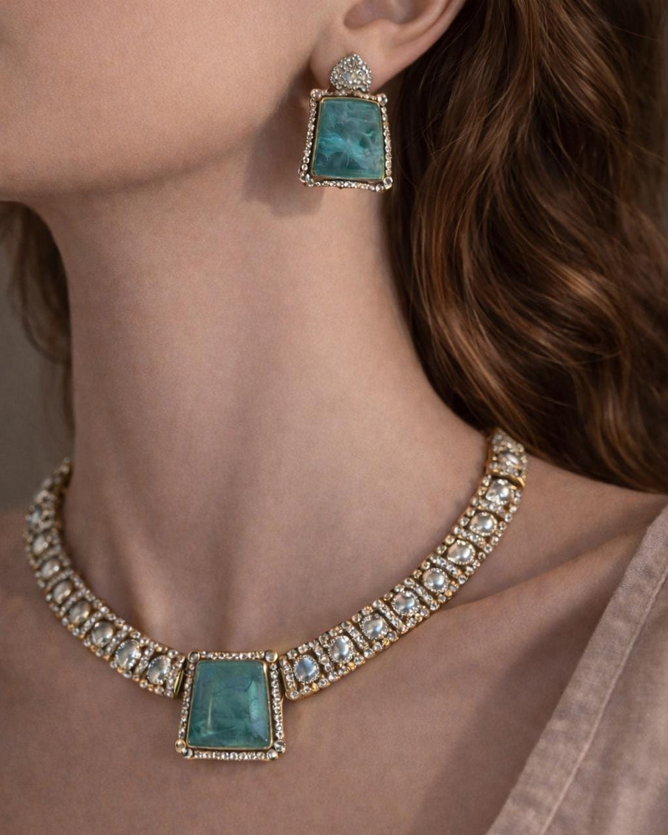 Tyaani Inspired Green Bridal CZ Necklace Set | Emerald Doublet Stone Polki Kundan Gold Plated Wedding Jewelry for Reception & Engagement