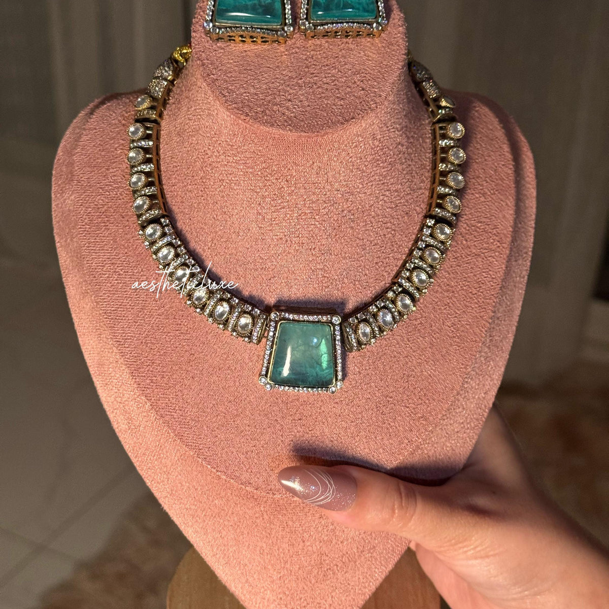 Tyaani Inspired Green Bridal CZ Necklace Set | Emerald Doublet Stone Polki Kundan Gold Plated Wedding Jewelry for Reception & Engagement